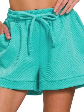 Zenana Textured Knit Jacquard Drawstring Shorts - Turquoise - Sz S. NWOT